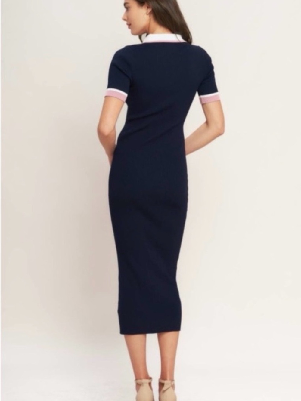 Navy Polo-Style Midi Dress with Pink Trim - Picture 5 of 5